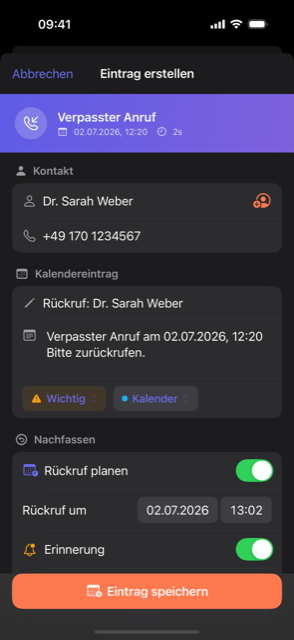 Callvent: Ein Anruf wird als Kalendereintrag mit Notiz und Erinnerung gespeichert