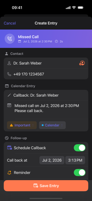 Callvent: a phone call saved as a calendar event with a note and a reminder