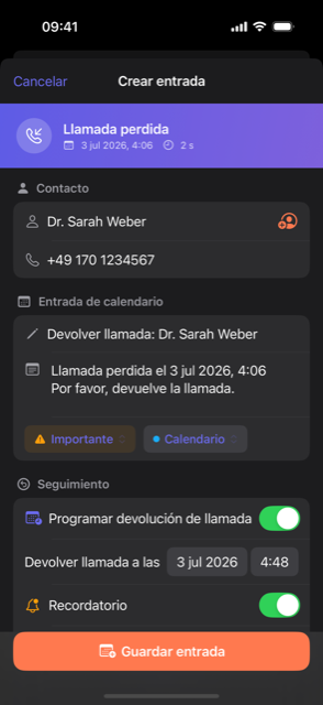 Callvent: una llamada se guarda como evento de calendario con nota y recordatorio