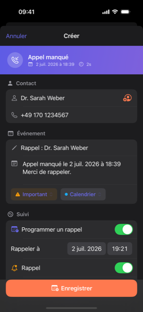 Callvent transforme un appel en événement de calendrier avec note et rappel
