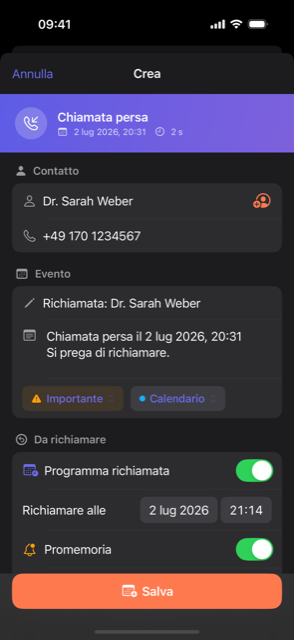 Callvent: una chiamata salvata come evento calendario con nota e promemoria