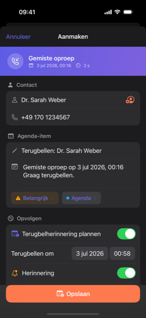 Callvent: een telefoongesprek wordt opgeslagen als agenda-afspraak met notitie en herinnering